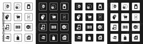 Set Online ordering and delivery, Shopping cart food, Food, Round the clock, burger and icon. Vector