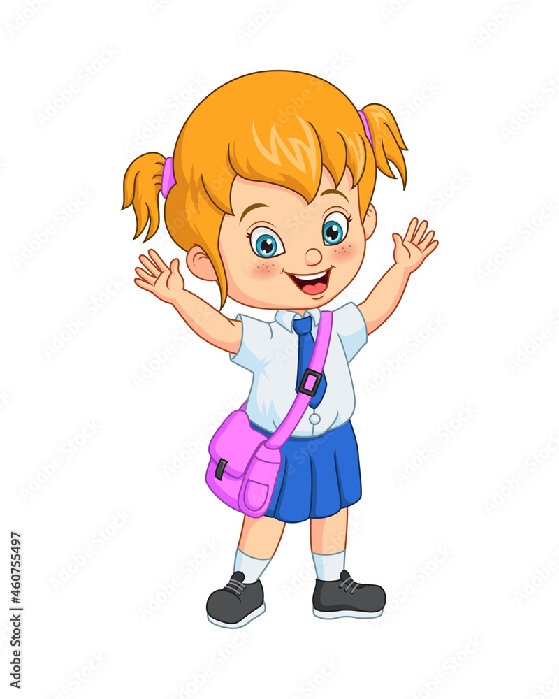 Cartoon happy school girl in uniform raising hands Cartoon happy school girl in uniform raising hands