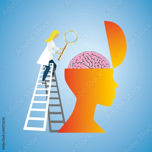 Woman examine brain with magnifying glass. Vector illustration. Square composition. EPS10.
