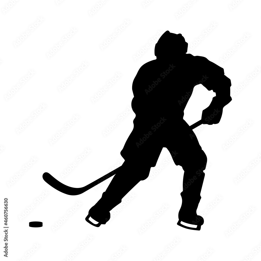 Fototapeta premium Black silhouette of hockey player. Winter sport icon. Isolated drawing of athletic man