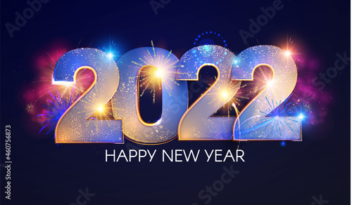 Valokuva Happy new 2022 year Elegant text with light effect and fireworks.