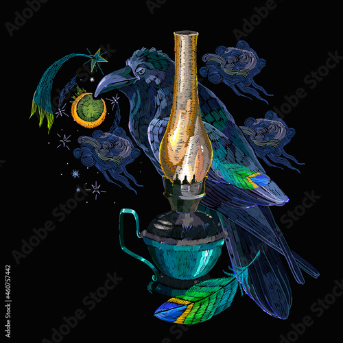 Embroidery. Kerosine lamp, polar lights, moon and bird raven. Magic northern gothic fairy tales. Fashion template for clothes. Halloween art