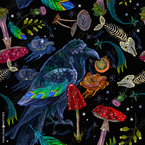 Embroidery. Mushrooms, night starry sky, autumn fly agaric and gothic raven bird. Northern fairy tales. Fashion template for clothes. Halloween art. Magic forest background