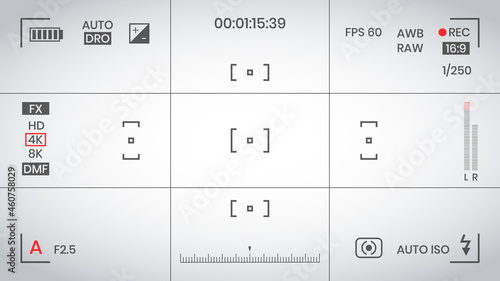 Camera viewfinder video or photo frame recorder flat style design vector illustration. Digital camera viewfinder with exposure settings and focusing grid template.