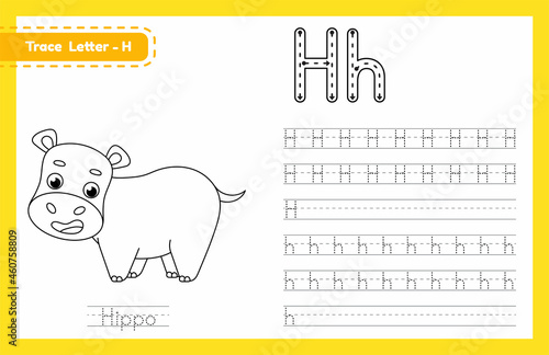 Trace letter H uppercase and lowercase. Alphabet tracing practice preschool worksheet for kids learning English with cute cartoon animal. Coloring book for Pre K, kindergarten. Vector illustration