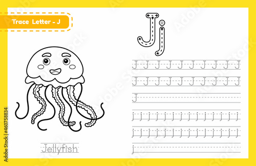 Trace letter J uppercase and lowercase. Alphabet tracing practice preschool worksheet for kids learning English with cute cartoon animal. Coloring book for Pre K, kindergarten. Vector illustration