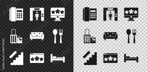 Set Telephone handset, Lift, Five stars rating review, Stairs up, Hotel room bed, Suitcase and Sofa icon. Vector