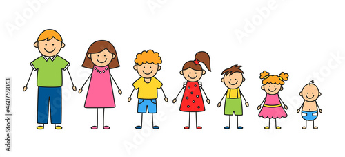 Happy doodle stick mans family. Set of hand drawn figure of family. Mother, father and kids. Vector color illustration isolated in doodle style on white background.