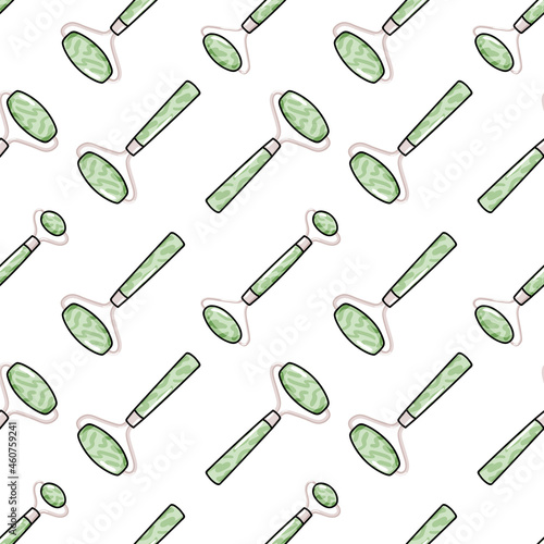 Gua sha and facial massage roller vector illustration. Seamless pattern with natural pink quartz stones. Skin care, face yoga, home beauty procedures and routine background in flat cartoon style.
