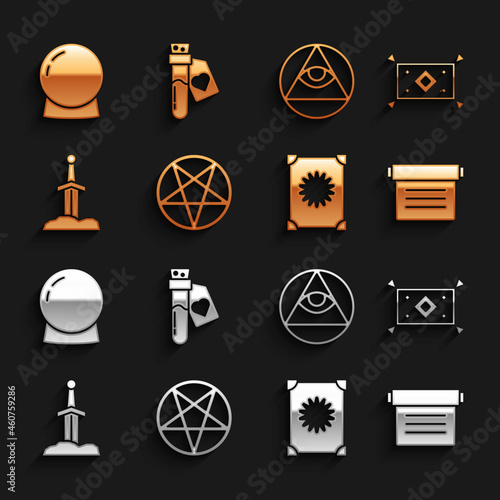 Set Pentagram in a circle, Magic carpet, Ancient magic book, Sword the stone, Masons, ball and Bottle with love potion icon. Vector