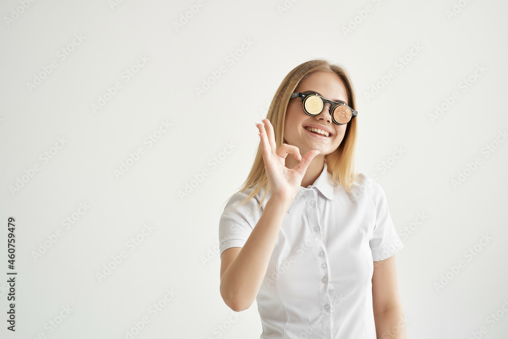 cheerful woman Bitcoin glasses isolated background cheerful woman Bitcoin glasses isolated background
