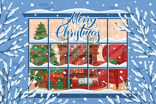 Christmas living room interior in the winter window. Fireplace, armchair, boxes with gifts, christmas tree and sleeping cat. Merry Сhristmas lettering. Cozy winter vector illustration