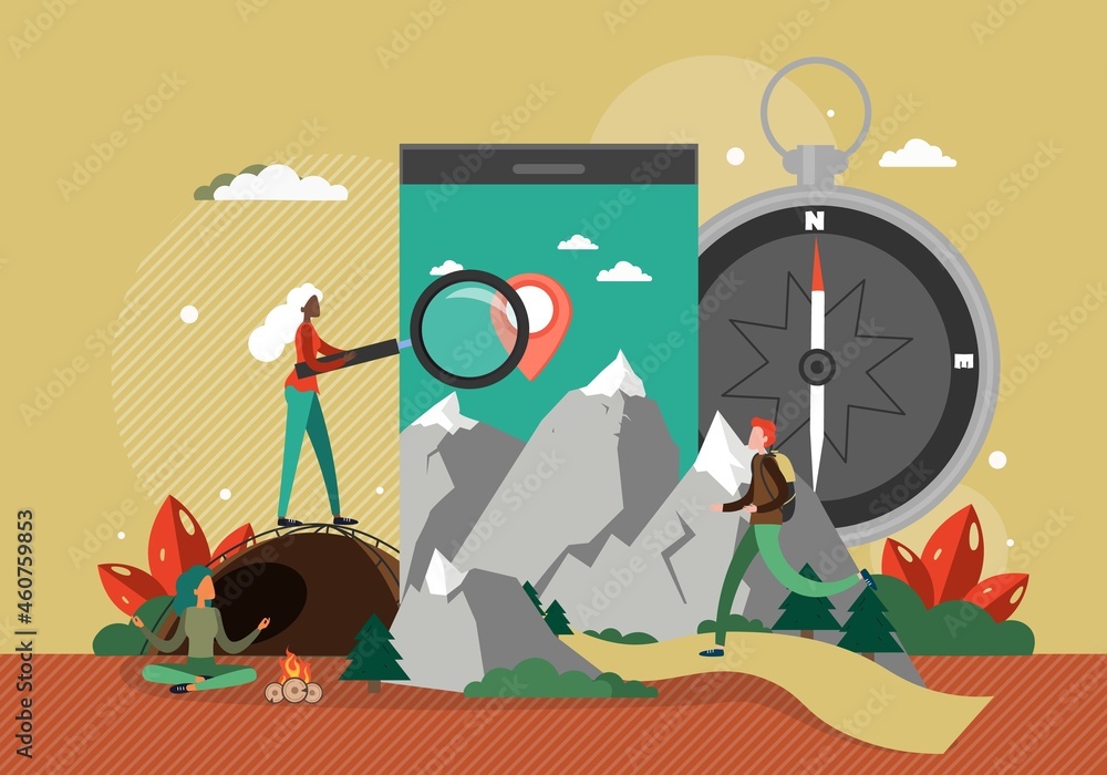 Fototapeta premium Mobile with map location pin, people travelers camping, hiking, vector illustration. Route search. Navigation app.