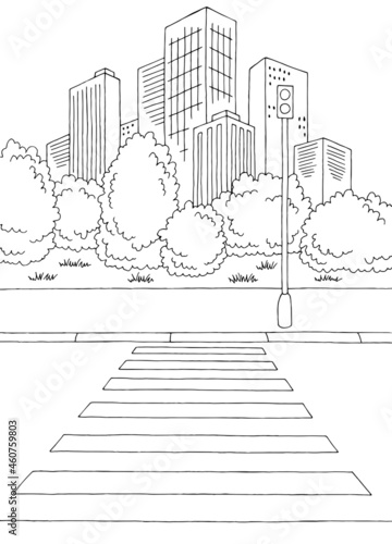 Crosswalk street road graphic black white city vertical landscape sketch illustration vector 