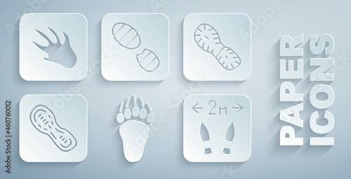 Set Bear paw footprint, Human footprints shoes, Safe distance, and Alligator crocodile icon. Vector