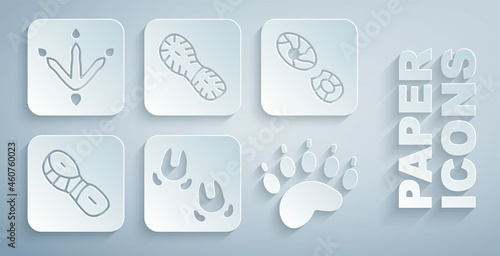 Set Wild boar paw footprint, Human footprints shoes, Bear, and Chicken icon. Vector