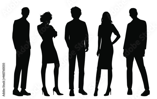 Vector silhouettes of  men and a women, a group of standing  business people, profile, black  color isolated on white background