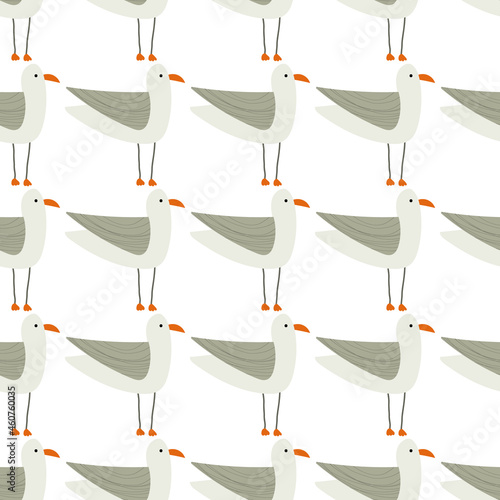 Hand drawn illustration of funny cute seagull seamless pattern. Nautical, sea theme for backgrounds, backdrops, fabrics and wrapping paper.
