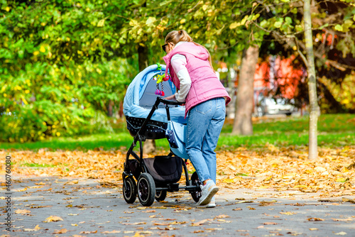 Mother wheeling a pram in the Park 