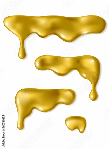 Set of liquid gold drop isolated on white background. Melted golden icing or oil drip collection. Realistic 3d horizontal leaking syrup dripping.