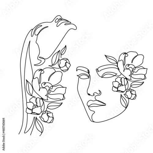 Abstract woman head with flowers line vector drawing. Flower Head One Line Art. Modern Gallery Wall. Botanical face vector. Minimal logo with girl magnolia. Florist Bauty salon minimalist logo