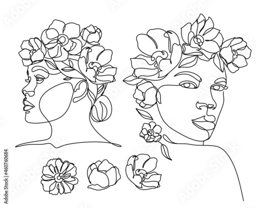Abstract woman head with flowers line vector drawing. Flower Head One Line Art. Modern Gallery Wall. Botanical face vector. Minimal logo with girl magnolia. Florist Bauty salon minimalist logo