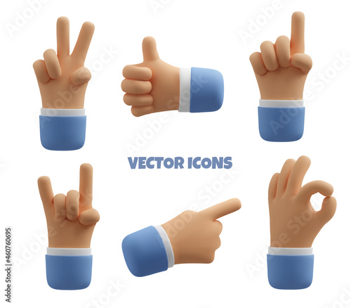 3d hand icon set. Vector realistic gesture illustration, business clipart isolated on white background