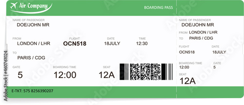 Vector template of a green airline boarding pass ticket.