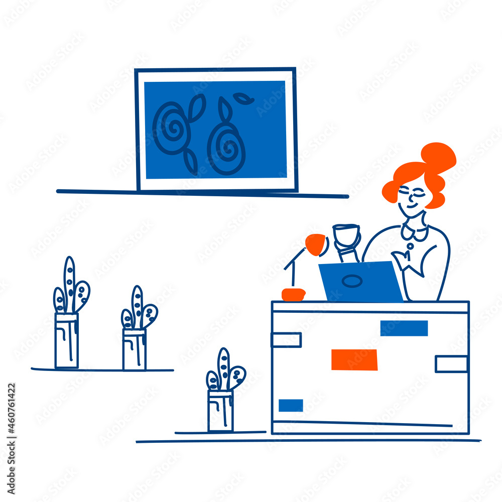 Fototapeta premium Female character drinking and resting from work. Coffee break. reception