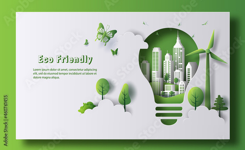 Design for an eco friendly banner, a light bulb shape with city and garden, save the planet and energy concept, paper illustration, and 3d paper.