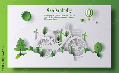Design for an eco friendly banner, a bicycle with a city and a tree, save the planet and energy concept, paper illustration, and 3d paper.