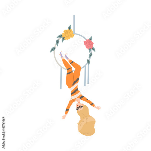 Circus artist performing at show, carnival party. Acrobatic woman making trick upside down on hanging aerial hoop cartoon vector illustration