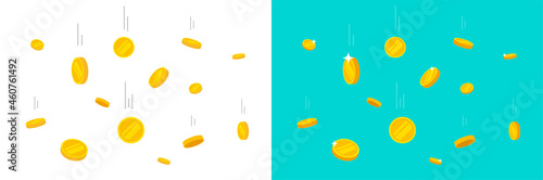 Coins falling or gold money flying rain vector flat cartoon illustration, metal cash dropping down as win or jackpot isolated on white and color background