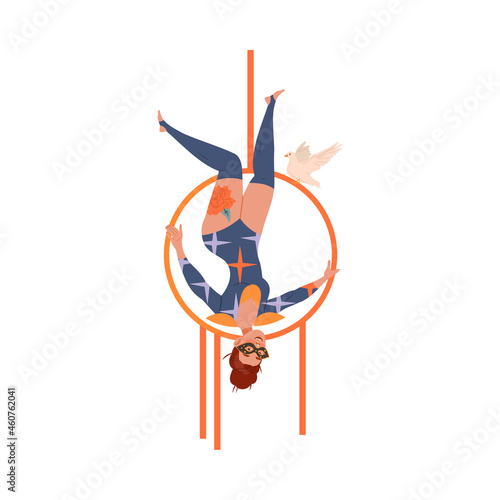 Circus artist performing at show, carnival party. Girl aerialist performing on aerial hoop cartoon vector illustration