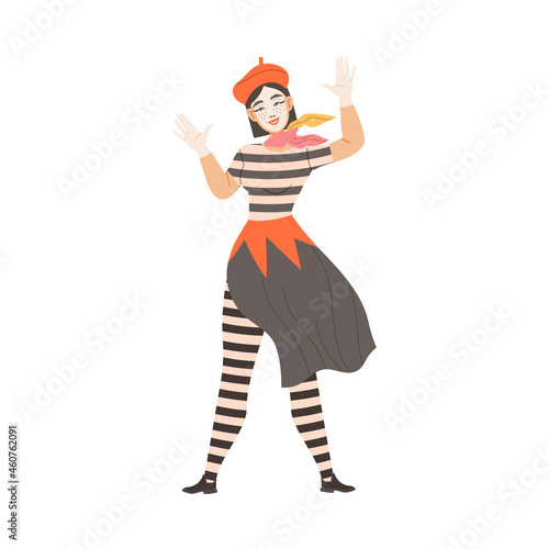 Woman mime performing pantomime. Silent actor character taking part at show cartoon vector illustration