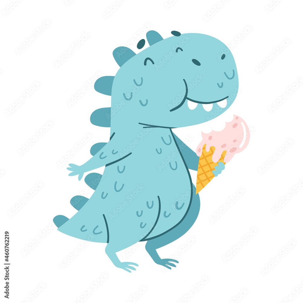 Cute blue comic dinosaur eating ice cream. Kids t-shirt print, books, stickers, posters design vector illustration