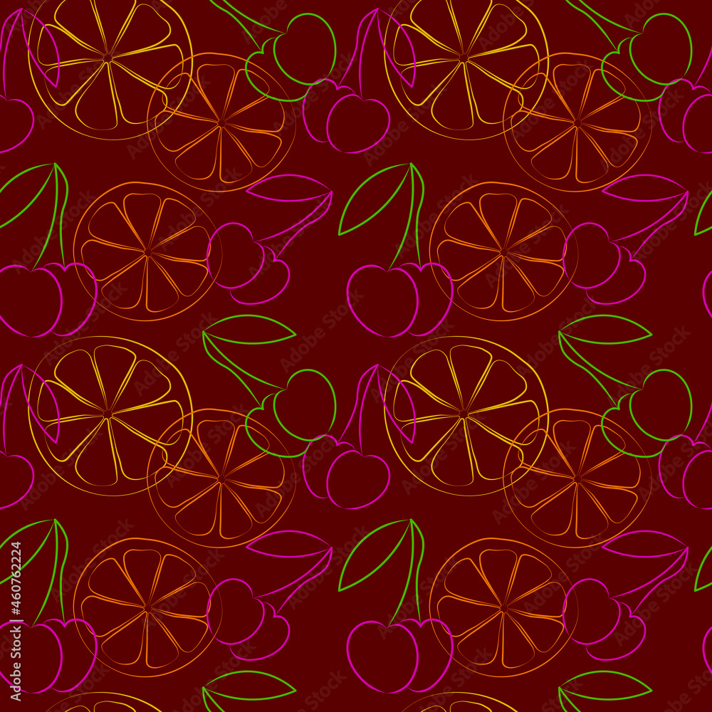 Seamless pattern with outline cherries and lemon on red background vector