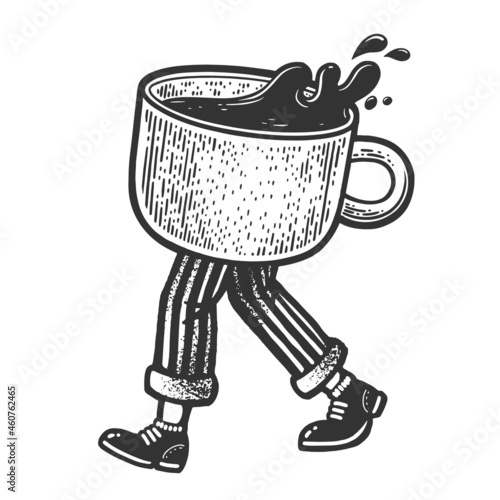 Walking espresso coffee cup sketch engraving vector illustration. T-shirt apparel print design. Scratch board imitation. Black and white hand drawn image.