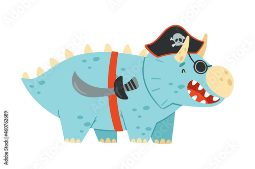 Cute comic dinosaur in pirate costume. Adorable animal dressed for carnival or masquerade party cartoon vector illustration