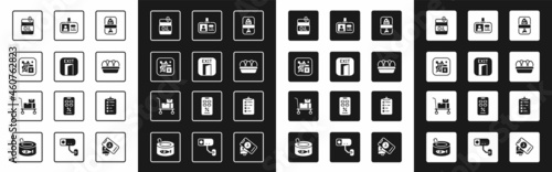 Set Fish plastic tray container, Fire exit, QR code, Bottle of olive oil, Chicken egg box, Identification badge, Shopping list and Hand truck and boxes icon. Vector