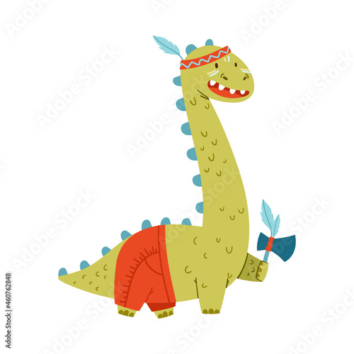 Cute comic dinosaur in American Indian costume. Adorable animal dressed for carnival or masquerade party cartoon vector illustration