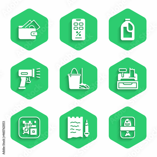 Set Mop and bucket, Shopping list pencil, Fish plastic tray container, Cash register machine, QR code, Scanner scanning bar, Bottle for cleaning agent and Wallet with money icon. Vector