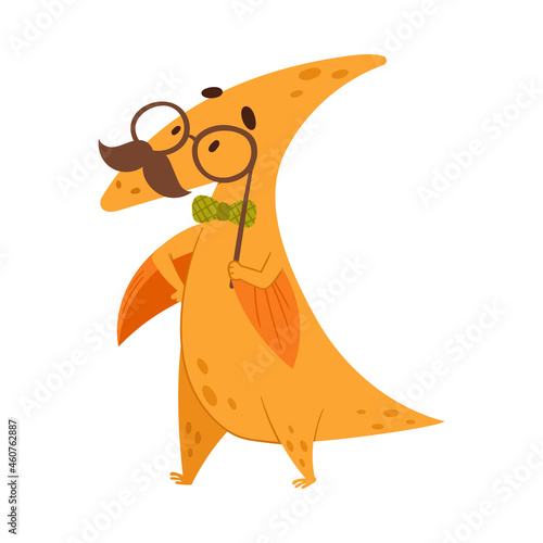 Cute comic dinosaur in funny disguise mask with glasses, mustache and brows. Adorable animal dressed for carnival or masquerade party cartoon vector illustration