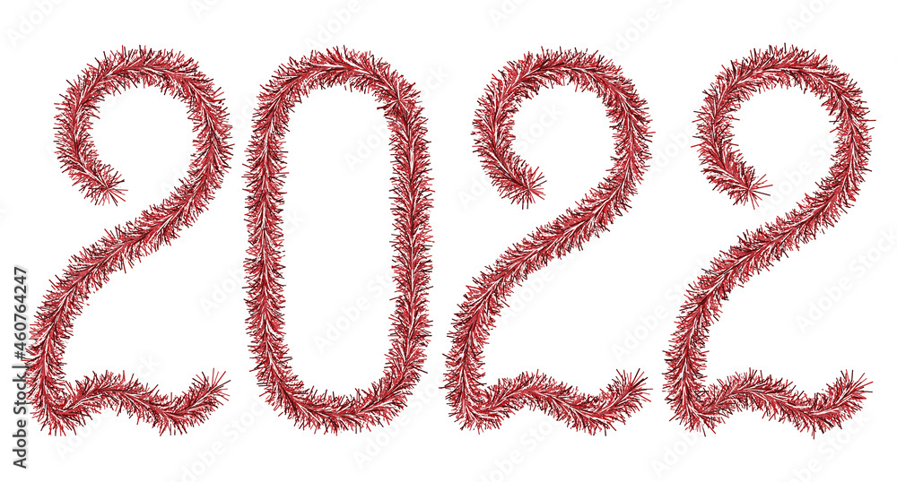 Tinsel. 2022. Lettering from a festive Christmas decoration. Fluffy numbers. Red. Vector illustration. Isolated white background. Cute plush message. The coming year. Rustling lettering. 