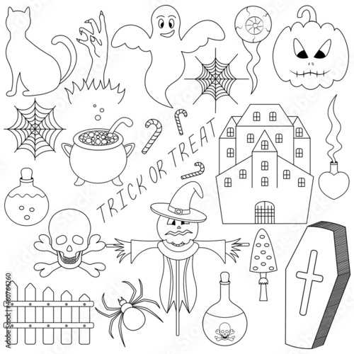 Halloween. Sketch. Set of vector illustrations. Collection of festive mystical elements. Cat  pumpkin  coffin  ghost  eyeball  love potion. Doodle style. Coloring book for children. 