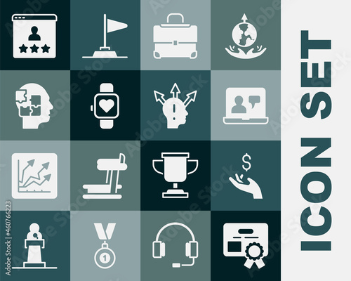 Set Certificate template, Hand holding coin money, Online education, Briefcase, Smart watch, Head puzzles strategy, Customer product rating and Project team base icon. Vector