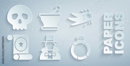 Set Magician, Fireball, scroll, stone ring with gem, Mortar and pestle and Skull icon. Vector