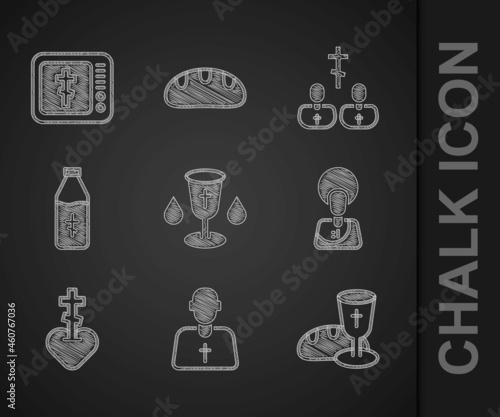 Set Christian chalice, Priest, Goblet and bread, Jesus, Religious cross in heart, Holy water bottle, and Online church pastor preaching icon. Vector