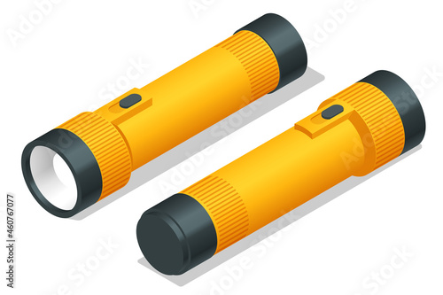 Isometric yellow plastic torch flashlight isolated on white background. Light source for individual use.