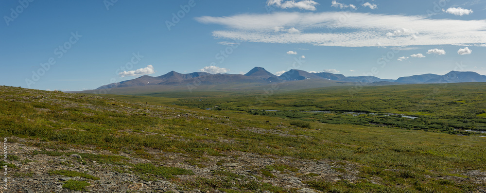 The tundra leads to the mountains. Plenty. Clear summer day. Wildlife travel concept.
